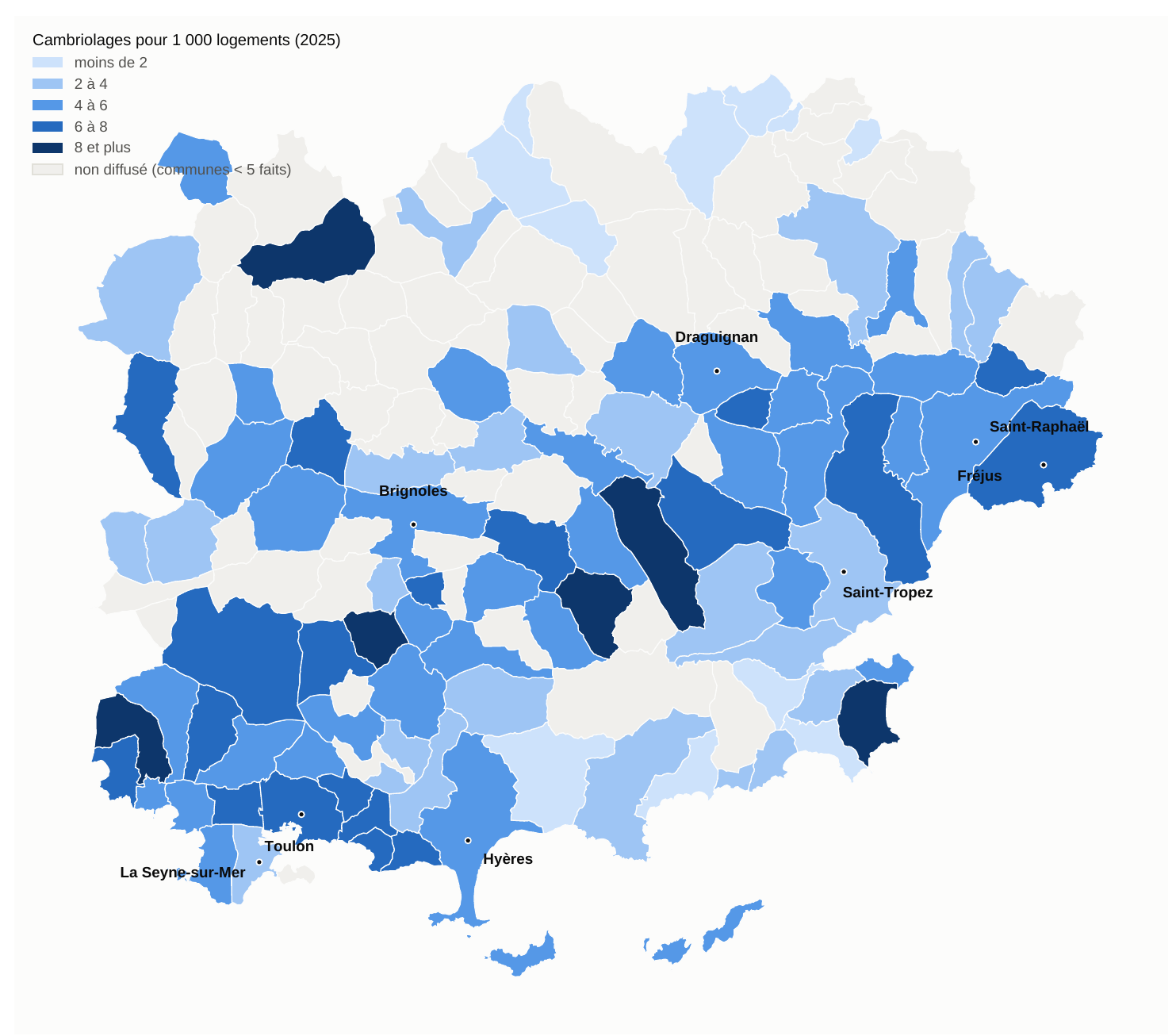 Carte des cambriolages pour 1 000 logements dans le Var en 2025, commune par commune