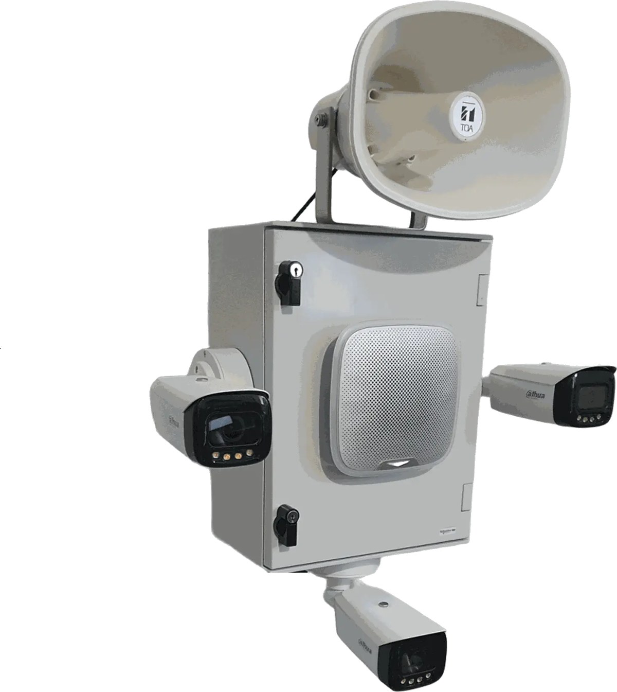 Unité de vidéosurveillance mobile en location à Toulon : coffret technique verrouillé, trois caméras à vision nocturne couleur, diffuseur vocal longue portée et haut-parleur de proximité