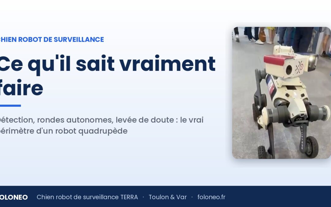 Chien robot de surveillance TERRA en démonstration — gros plan du robot quadrupède en marche