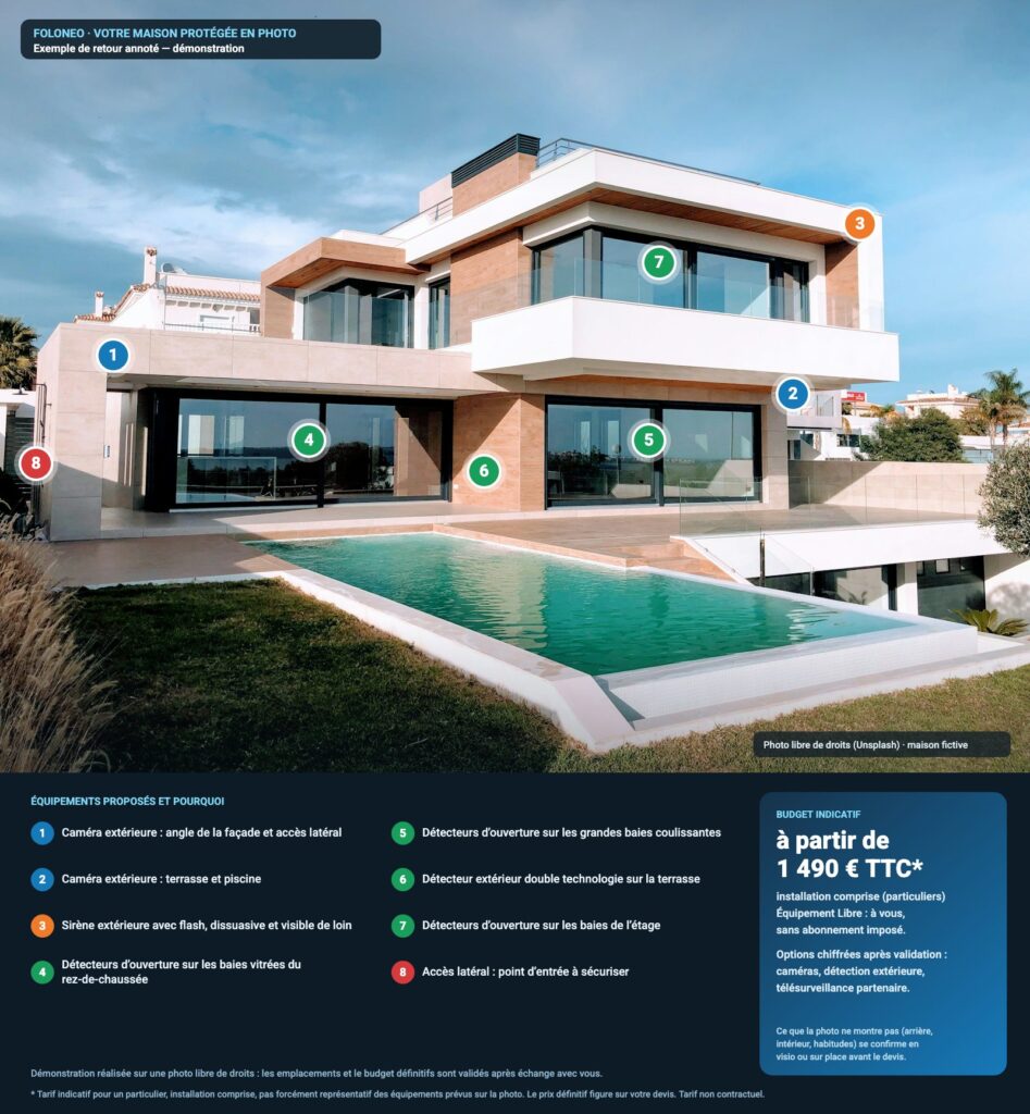 Exemple de photo annotée FOLONEO : façade d’une maison avec emplacements de caméras, détecteurs et sirène, et budget indicatif à partir de 1 490 € TTC installation comprise (tarif non contractuel)