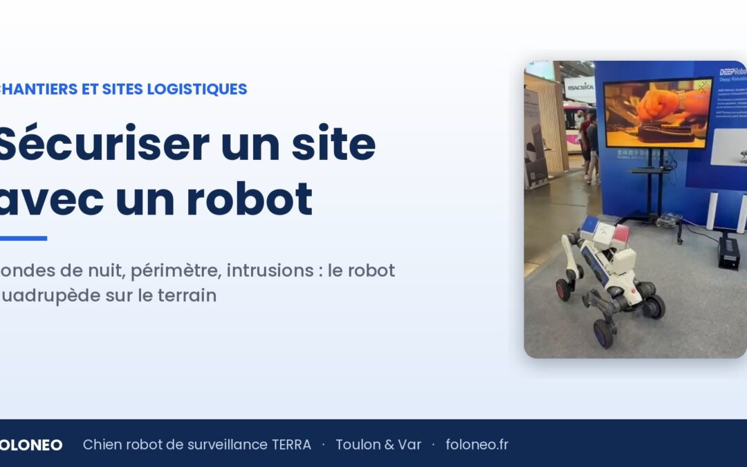 Robot quadrupède de surveillance TERRA en situation sur un stand, avec écran de supervision