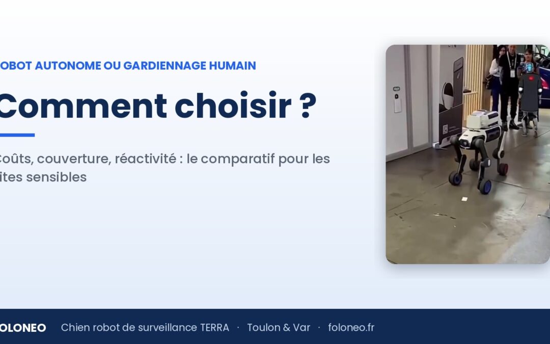 Robot de surveillance autonome TERRA se déplaçant dans une allée devant des visiteurs